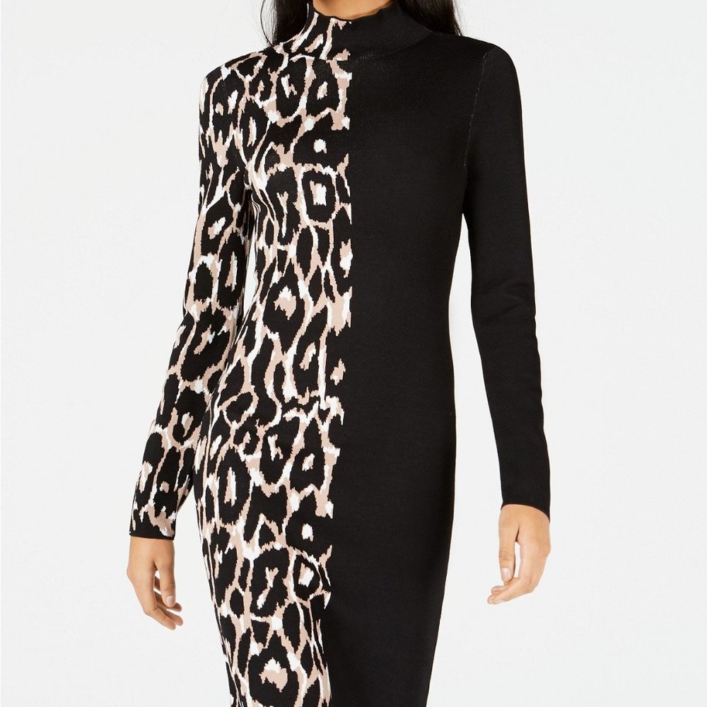 Bar III Black Leopard Colorblocked Sweater Dress M